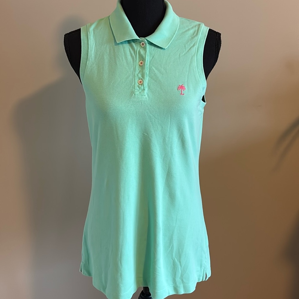 Lilly Pulitzer Island Polo Mint Green with Pink Palm Tree.  Women’s size M.  EUC - Picture 3 of 8
